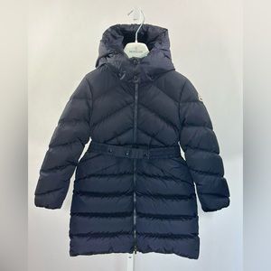 MONCLER KIDS - Long Hooded Down Puffer Coat with Belt. Navy